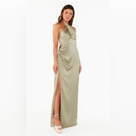 Show Me Your MuMu Dresses & Skirts - Show Me Your Mumu Adele Halter Maxi Dress - Moss Green Luxe Satin, Size L